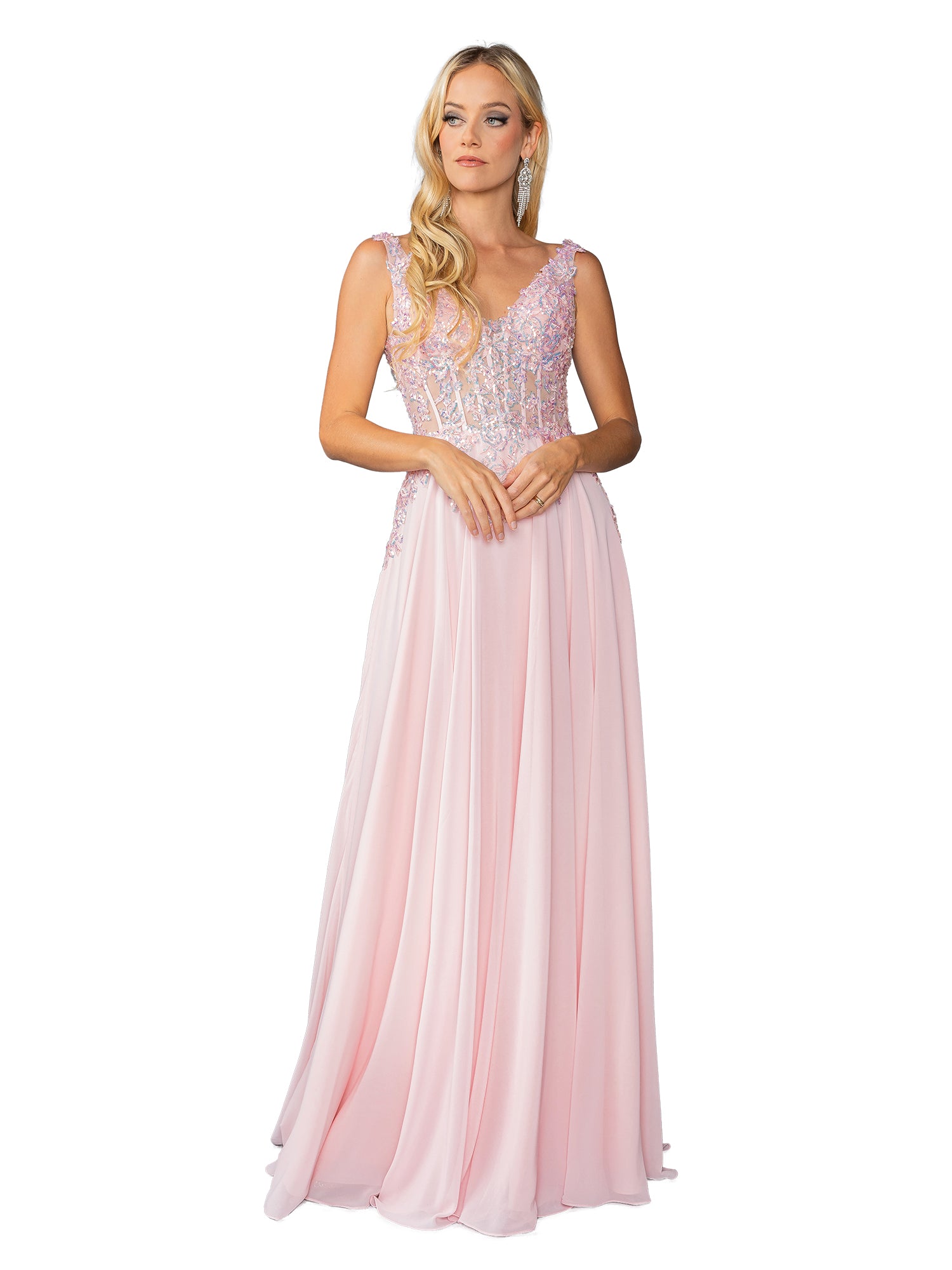 A woman stands against a white background wearing the Lace-Up Long A-Line Prom Dress: Dancing Queen 4446, featuring a sleeveless light pink bodice with lace detailing and a flowing skirt.